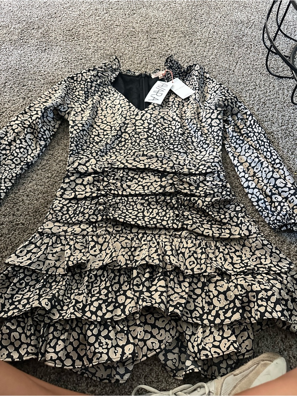 Skies Are Blue Black and Cream Leopard Print Ruffle Dress